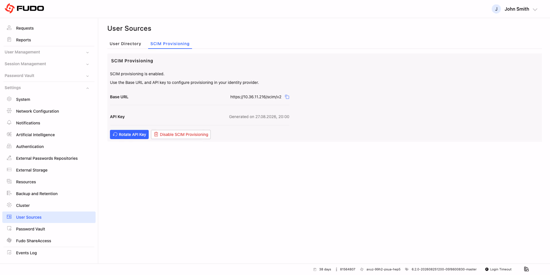 Fudo Enterprise User Sources – SCIM provisioning enabled, with the base URL and API key controls for connecting an identity provider such as Entra ID or Okta
